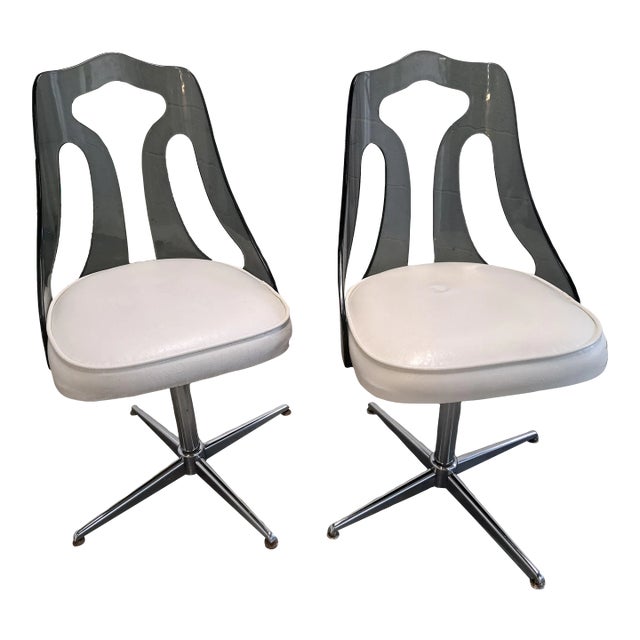 Mid-Century Mod Smoked Lucite Swivel Dining Chairs- Set of 2 For Sale