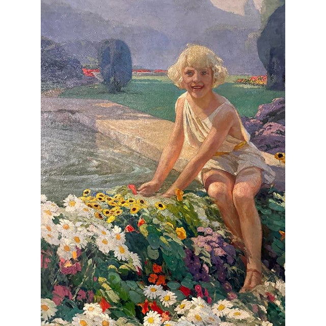 Figurative Mid 20th Century Smiling Girl in a Garden Oil Painting For Sale - Image 3 of 3