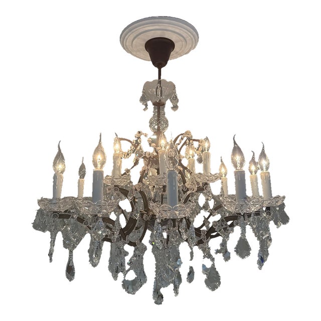 19th C. Rococo Iron & Crystal Round Chandelier From Rh, Designed by Timothy Oulton With a Rustic Metal Frame and Cascading Cut Crystal. For Sale