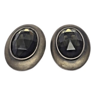 1970s Ben-Amun Smoky Quartz and Silver Oval Earrings, A Pair For Sale