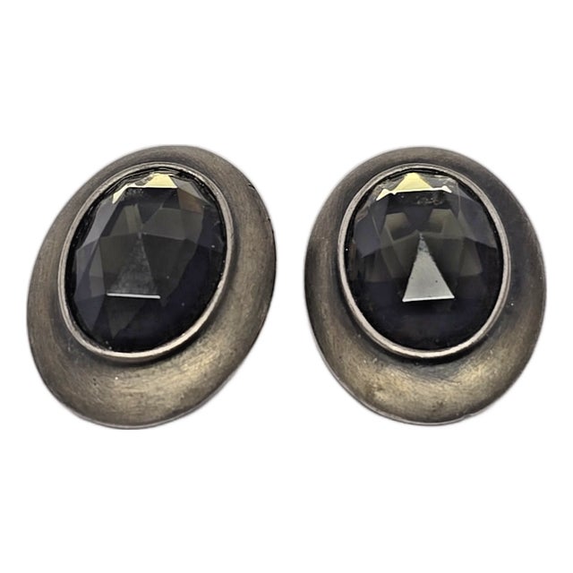 1970s Ben-Amun Smoky Quartz and Silver Oval Earrings, A Pair For Sale