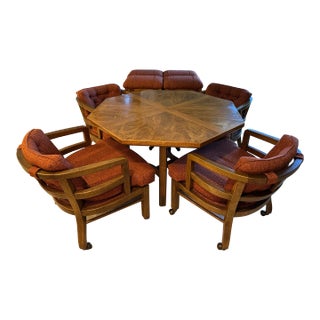 1980s Vintage Drexel Woodbriar Octagon Breakfast/Game Table With Chairs and Bar Stools - Set of 9 For Sale