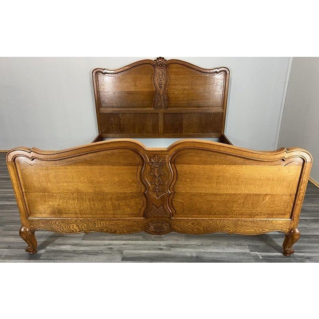 Vintage French Louis XVI Style Oak King Size Bed Frame with Carved Headboard For Sale - Image 3 of 14