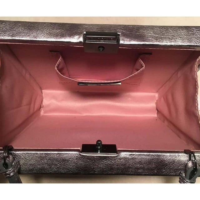 2000 - 2009 Tonya Hawkes Silver Metallic Embossed and Laser Cut Leather Convertible Clutch For Sale - Image 5 of 7