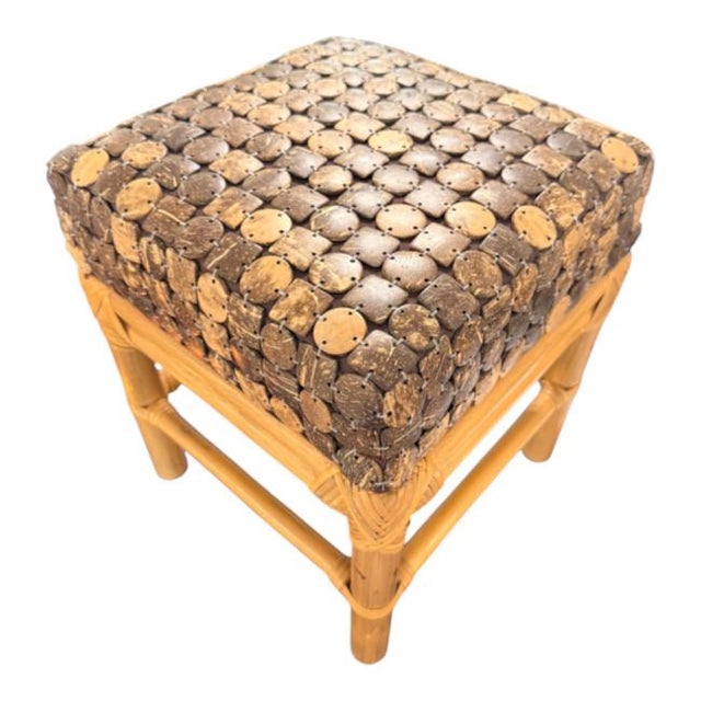 Mid 20th Century Vintage Rattan & Coconut Shell Stool / Ottoman For Sale - Image 5 of 8
