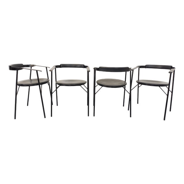 Vintage Italian Armchairs in Black Metal and Black Imitation Leather, 1980s, Set of 4 For Sale