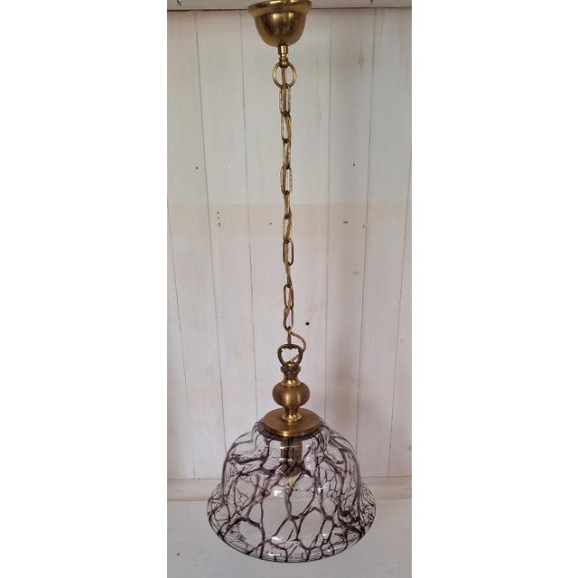 Vintage Ceiling Lamp with Purple-Brown Marbled Clear Glass Shade with on Brass Mount For Sale - Image 4 of 7