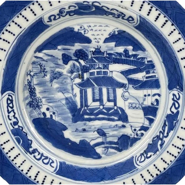 Antique 19th Century Chinese Canton Blue & White Export Porcelain 8.5" Scenic Bowl & Stand For Sale - Image 4 of 12