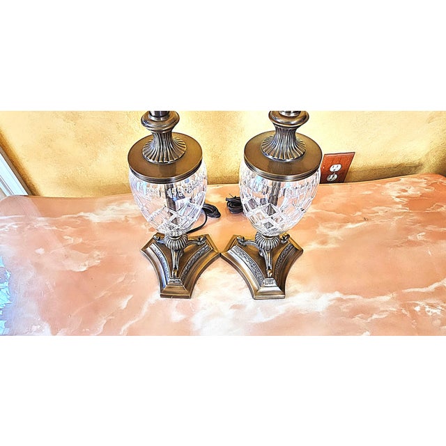 Traditional Style Crystal & Brass Table Lamps, a Pair For Sale - Image 10 of 12