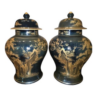 Pair of Mirror Black Ginger Jars For Sale