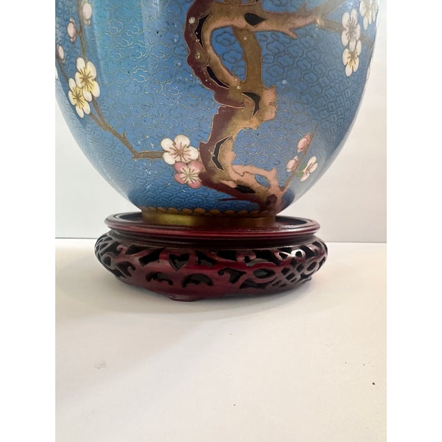 Blue Chinese Cloisonné Ginger Jar on Carved Wood Stand For Sale - Image 10 of 12