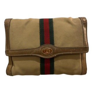 1970s Vintage Web Stripe Necessaire Clutch by Gucci For Sale