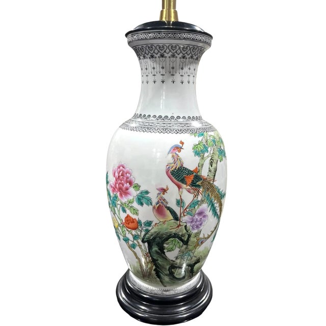 Elegant lamp made from a Chinese porcelain vase by Marbro Lamp Company. The base of the lamp is a Chinese Famille Rose...