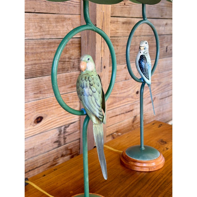 1990s Vintage Coastal Regency Verdigris Parakeet Table Lamps With Scalloped Metal Shades-Pair For Sale - Image 5 of 11