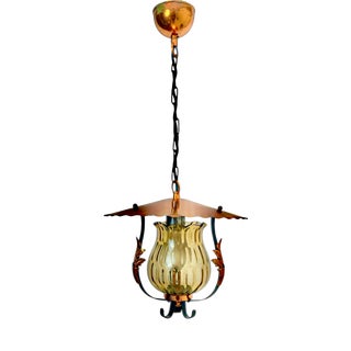 Vintage Hall Lantern in Red Copper and Amber Glass, 1960s For Sale