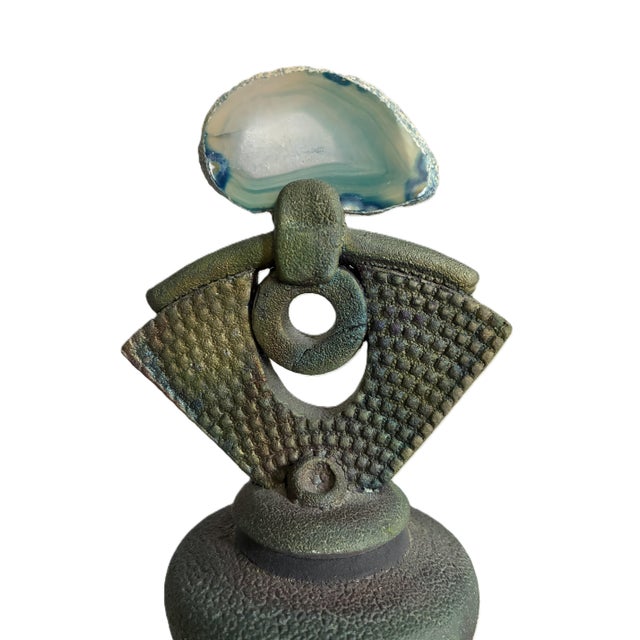 a signed Helene Fielder vintage 1980s post modern studio art pottery Raku vessel with Agate stone stopper A striking...