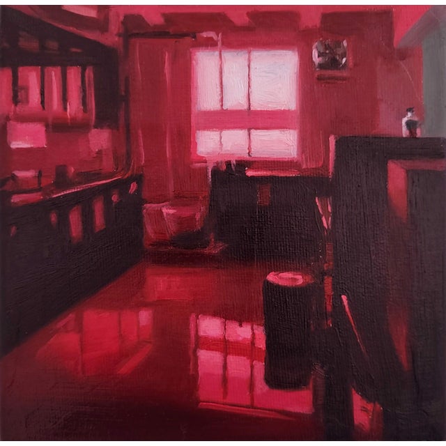Red Room by Lacey Jane | Oil on canvas interior scene with red tones and light. For Sale
