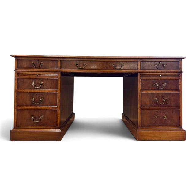 Twin Pedestal Desk with Burgundy Leather Top For Sale - Image 5 of 9