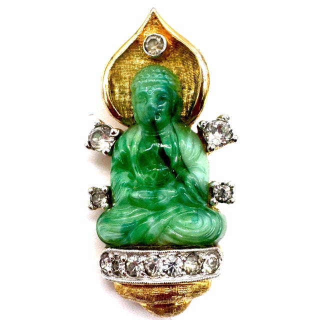Chinoiserie Faux Jade Buddha Pin With Rhinestones, Style of Cartier Travel Jewelry, 1950s For Sale - Image 3 of 18