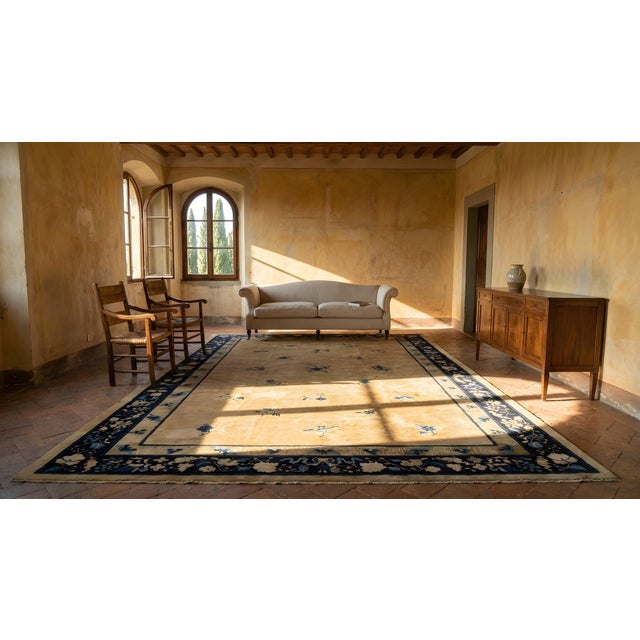 1920s Beige Floral Classic Antique Chinese Peking Carpet 8'10'' X 14' Knotted Wool Rug For Sale - Image 13 of 15