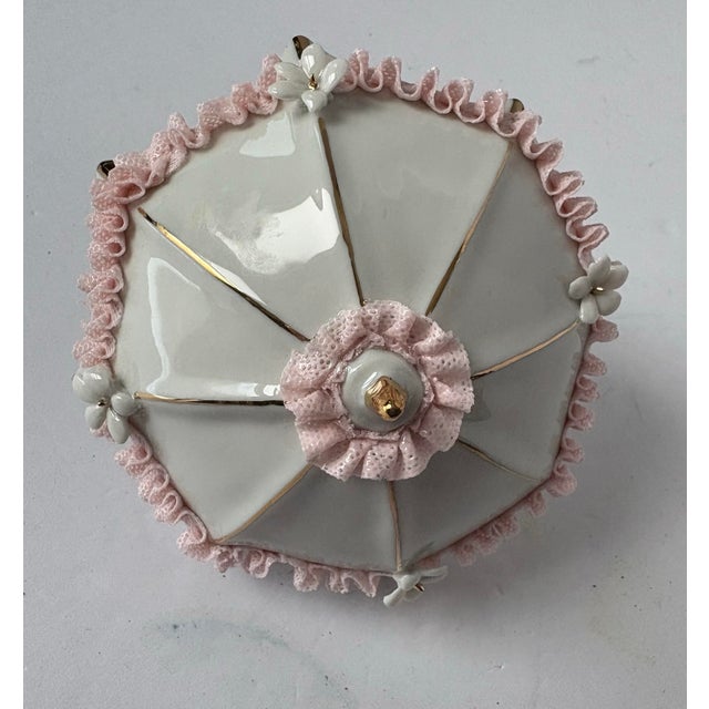 Vintage Italian Capodimonte Porcelain Pink Laced Gold Trimmed Umbrella Parasol Figurine For Sale - Image 9 of 9