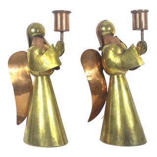Set of 2 Large Vintage Brass Copper Angel Candle Holders For Sale