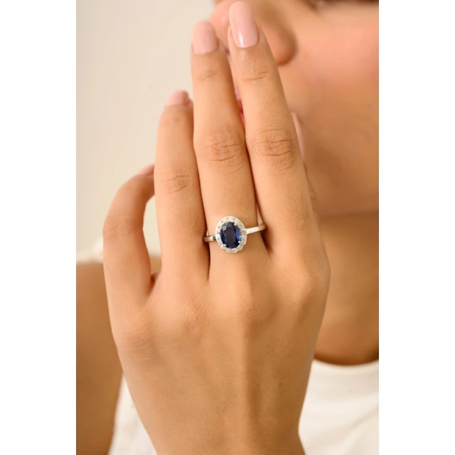Oval Cut Sapphire Halo Engagement Ring With Natural Diamonds Size 5 For Sale - Image 4 of 11