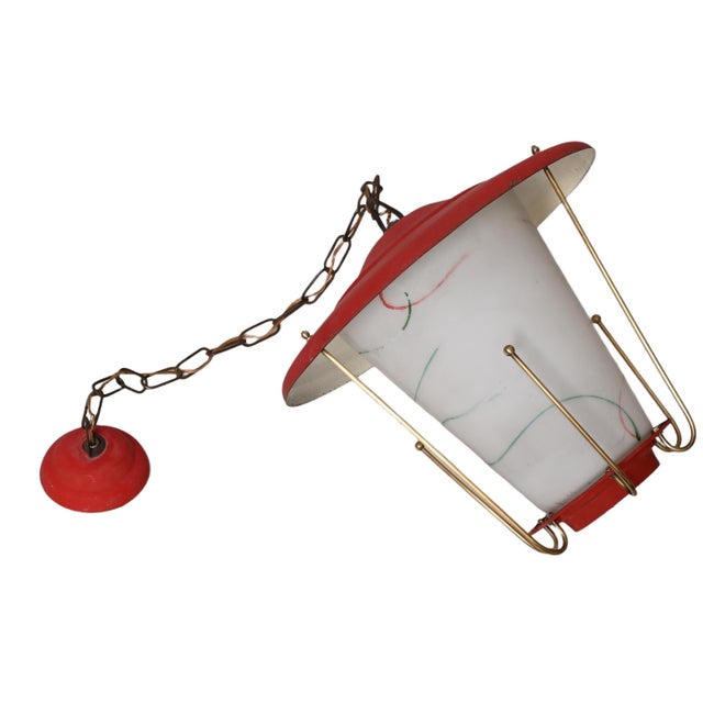 Mid-Century Italian Round Opaline Glass and Brass Red Lantern Chandelier, 1950s For Sale - Image 9 of 18