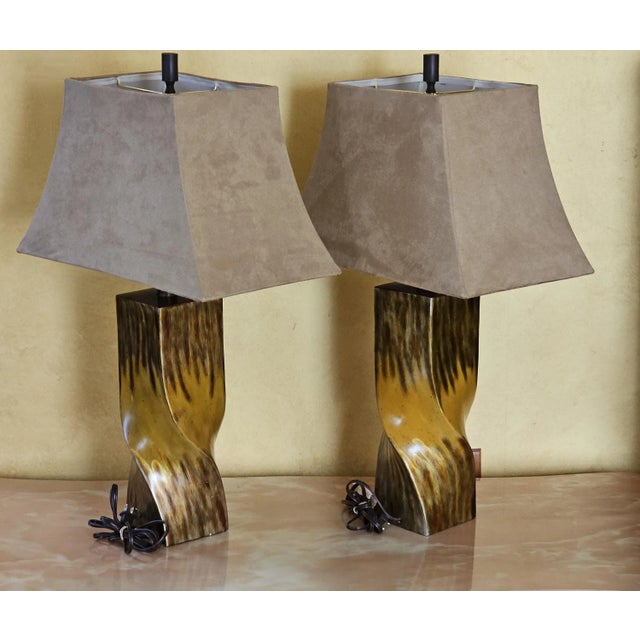 Mid-Century Modern Style Twisted Wood Look Table Lamps With Suede Lamp Shades - a Pair For Sale - Image 4 of 12