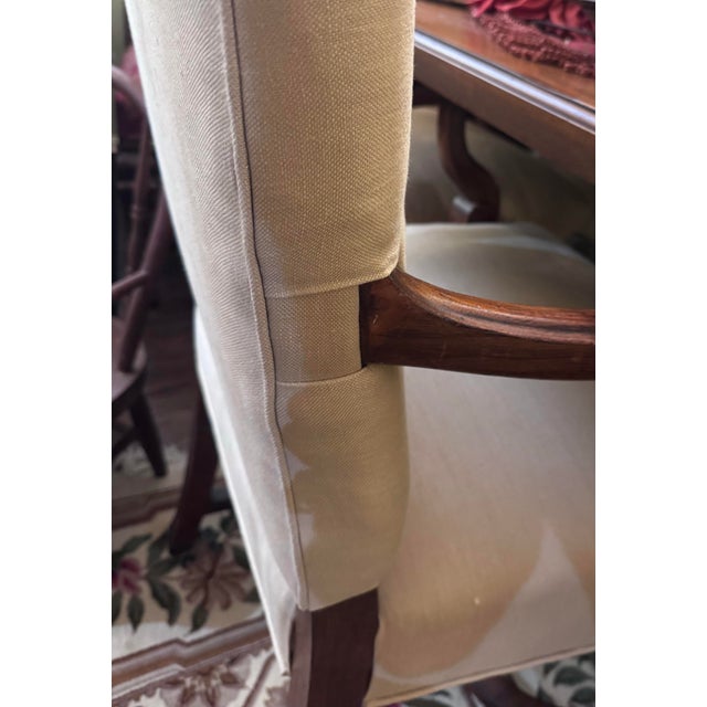 Linen Vintage Walnut Regency Dining Chairs, Set of Six With Custom Linen Upholstery For Sale - Image 8 of 9