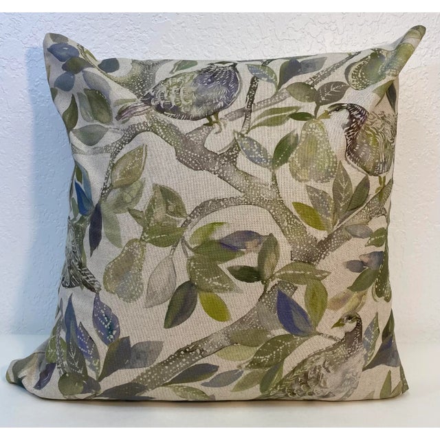 20” Square Pillow Featuring Partridges in a Pear Tree Floral Print - Made in U K For Sale - Image 11 of 11