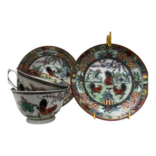 Set of 4, 2 Vintage Hand-Painted Rooster Cup & Saucer Sets For Sale