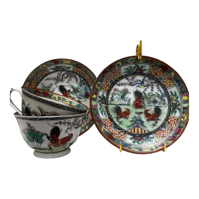 Set of 4, 2 Vintage Hand-Painted Rooster Cup & Saucer Sets For Sale