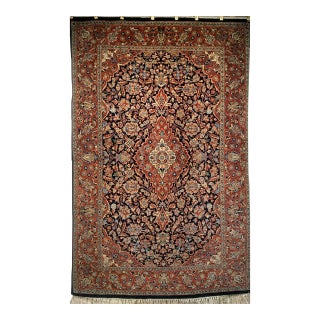 Vintage Kashan Rug, Hand-Knotted Wool & Cotton, Floral Pattern, Navy & Brick-Red, 4x6 For Sale