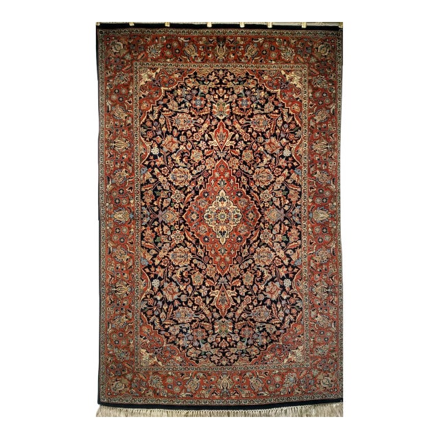 Vintage Kashan Rug, Hand-Knotted Wool & Cotton, Floral Pattern, Navy & Brick-Red, 4x6 For Sale