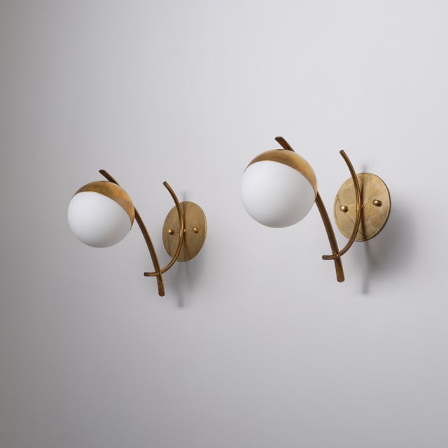 Gold Italian Sconces in Brass with Opaline Glass Globes, 1950s, Set of 2 For Sale - Image 8 of 8