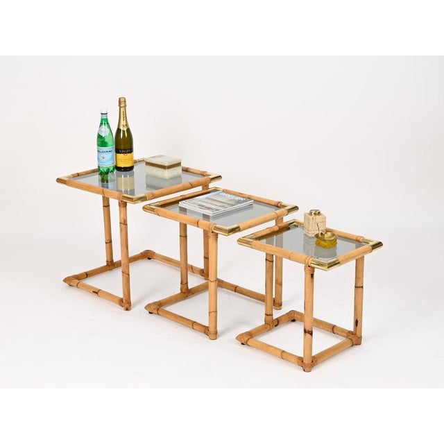 1970s Nesting Tables in Bamboo and Brass, Italy, 1970s, Set of 3 For Sale - Image 5 of 15