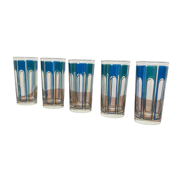 Mid-Century Modern Vintage Mid-Century Modern Blue Geometric Highball Glasses - Set of 5 For Sale - Image 3 of 10