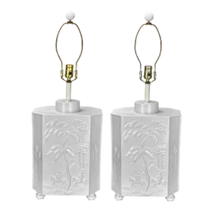 Vintage Hollywood Regency Oriental White Italian Porcelain Table Lamps - a Pair