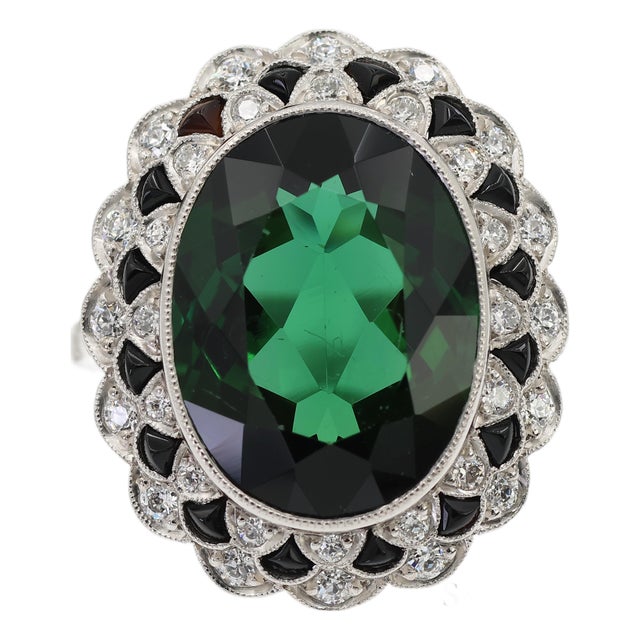 Vintage Platinum 950 Milgrain Natural Diamond and Tourmaline Ring, Size 7 For Sale