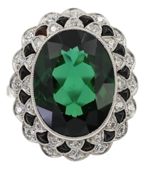 Vintage Platinum 950 Milgrain Natural Diamond and Tourmaline Ring, Size 7