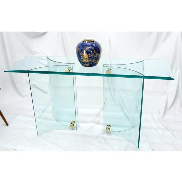 Curved Glass Base Glass Top Brass Stretchers Console Table For Sale - Image 9 of 11