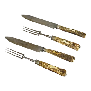 Antique Set of Rustic Hunters Cutlery With Carved Deer Horn Handles- 4 Pieces