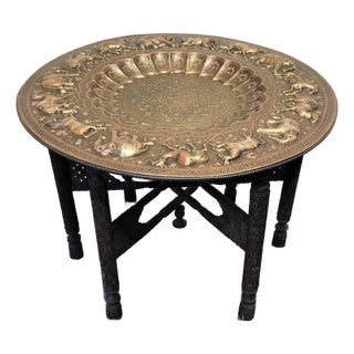 Vintage Morrocan Brass Tray Table With Folding Hand Carved Wood Base For Sale