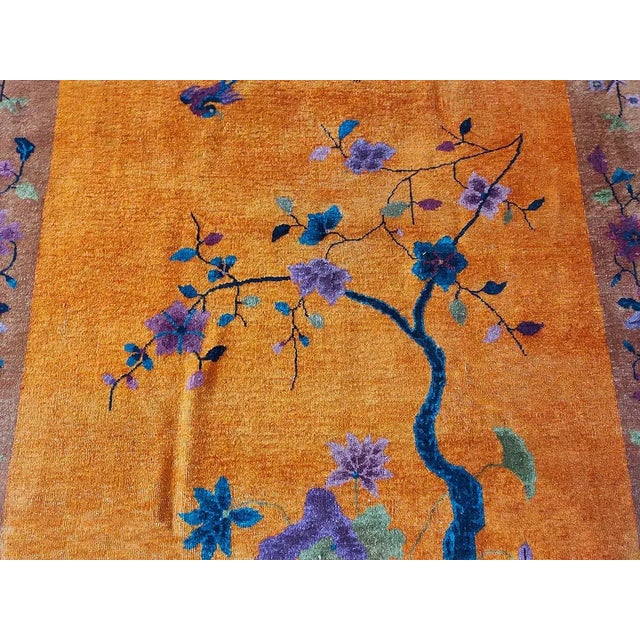 Textile 1920s Orange Scene Floral Antique Chinese Art Deco Rug 6'0" X 8'8" Knotted Wool Carpet For Sale - Image 7 of 9
