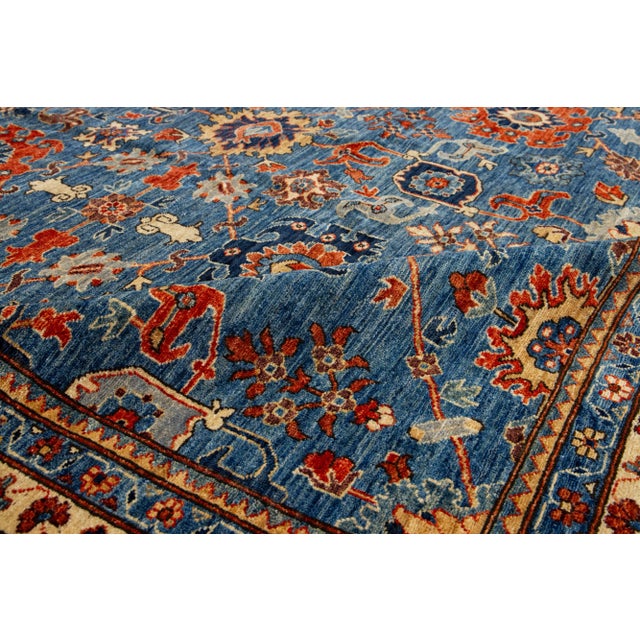 Floral Modern Serapi Style Wool Rug With Navy Blue Field For Sale - Image 9 of 9