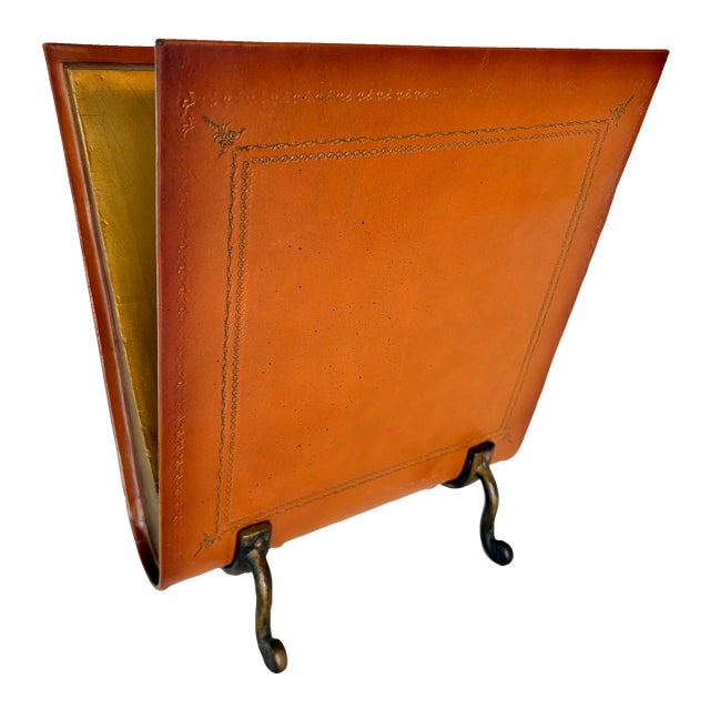 Mid 20th Century Leather and Cast Iron Magazine Rack For Sale