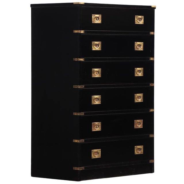 Mid-Century Modern Ebonized Mahogany Campaign Style Tall Chest, C. 1960. For Sale - Image 3 of 7