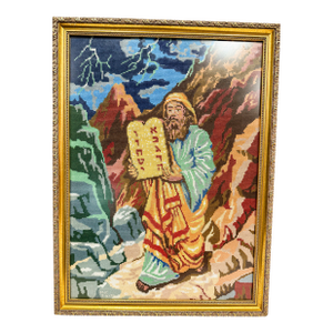 Vintage Needlepoint Embroidery of Moses at Mt.Sinai.