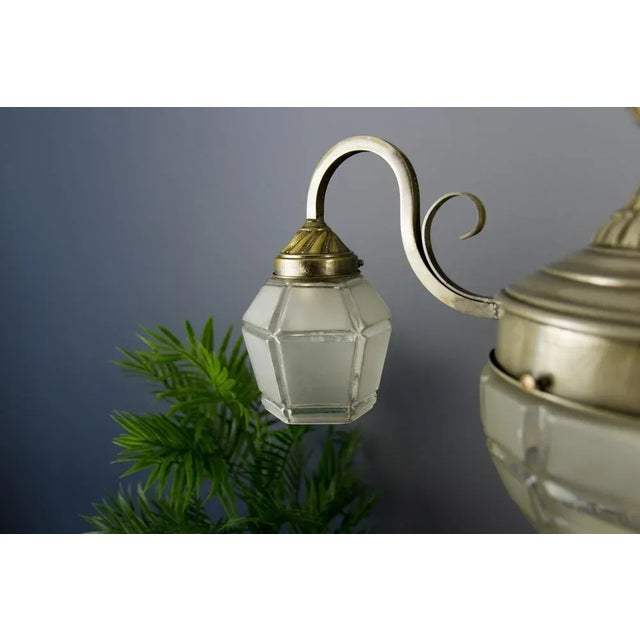 Copper Art Deco French Brass & Frosted Glass 4-Light Chandelier, 1920s For Sale - Image 8 of 18